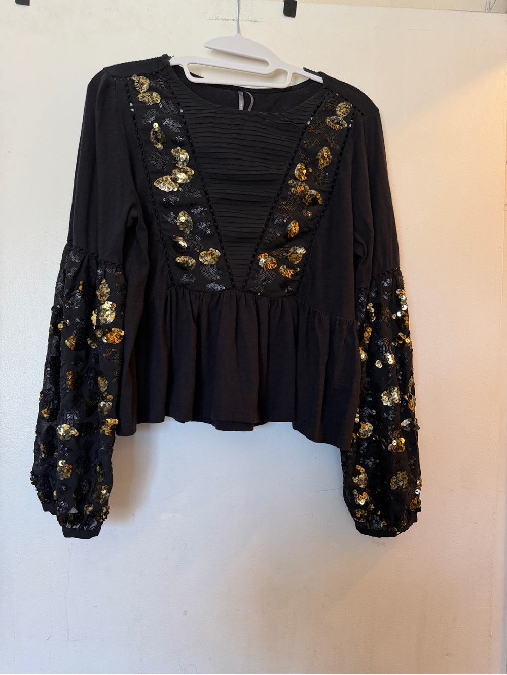 Anthropologie Black Gold Sequin Sleeve Peplum Boho Blouse Size M - Picture 4 of 11